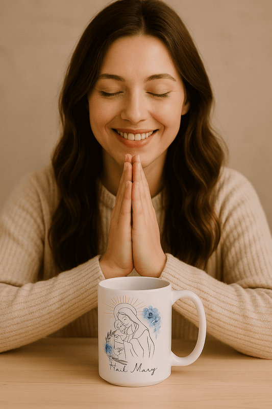 Woman praying with a Hail Mary mug on table, peaceful atmosphere, blog title “Top 5 Christian Gifts for Women That Actually Inspire” in handwritten font