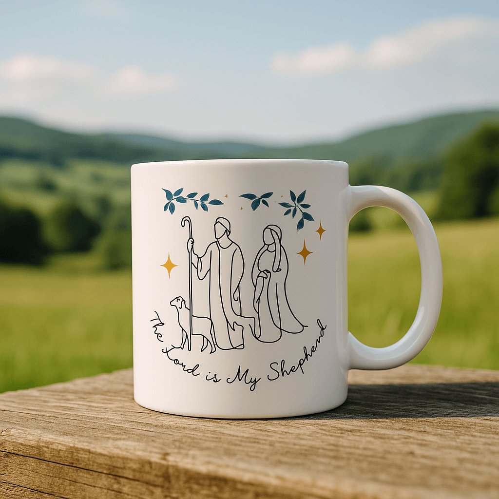 “The Lord is my shepherd prayer mug with Psalm 23 script and a scannable QR code — a comforting Christian gift for peace and reflection.”