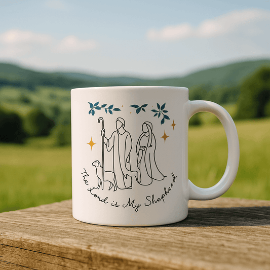 “The Lord is my shepherd prayer mug with Psalm 23 script and a scannable QR code — a comforting Christian gift for peace and reflection.”