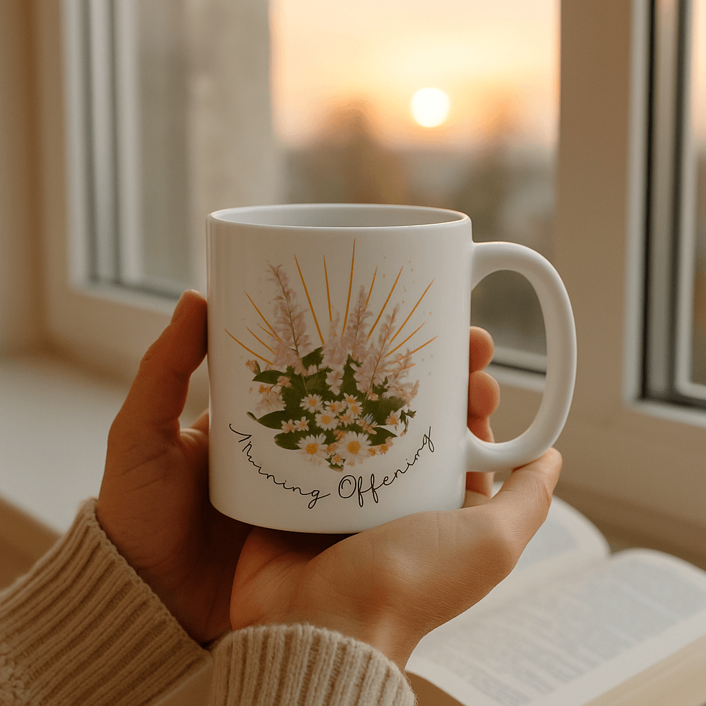 “Morning offering prayer mug with soft design and a scannable QR code — perfect Catholic gift for starting your day with God.”