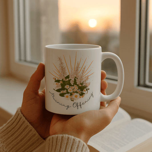 “Morning offering prayer mug with soft design and a scannable QR code — perfect Catholic gift for starting your day with God.”