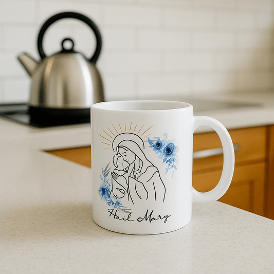 “Hail Mary prayer mug with Marian artwork, floral accents, and a scannable QR code linking to the prayer — a beautiful Catholic gift.”