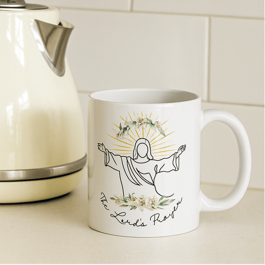 “The Lord’s Prayer mug with elegant script and a scannable QR code linking to the full prayer — a meaningful Christian gift for devotion.”