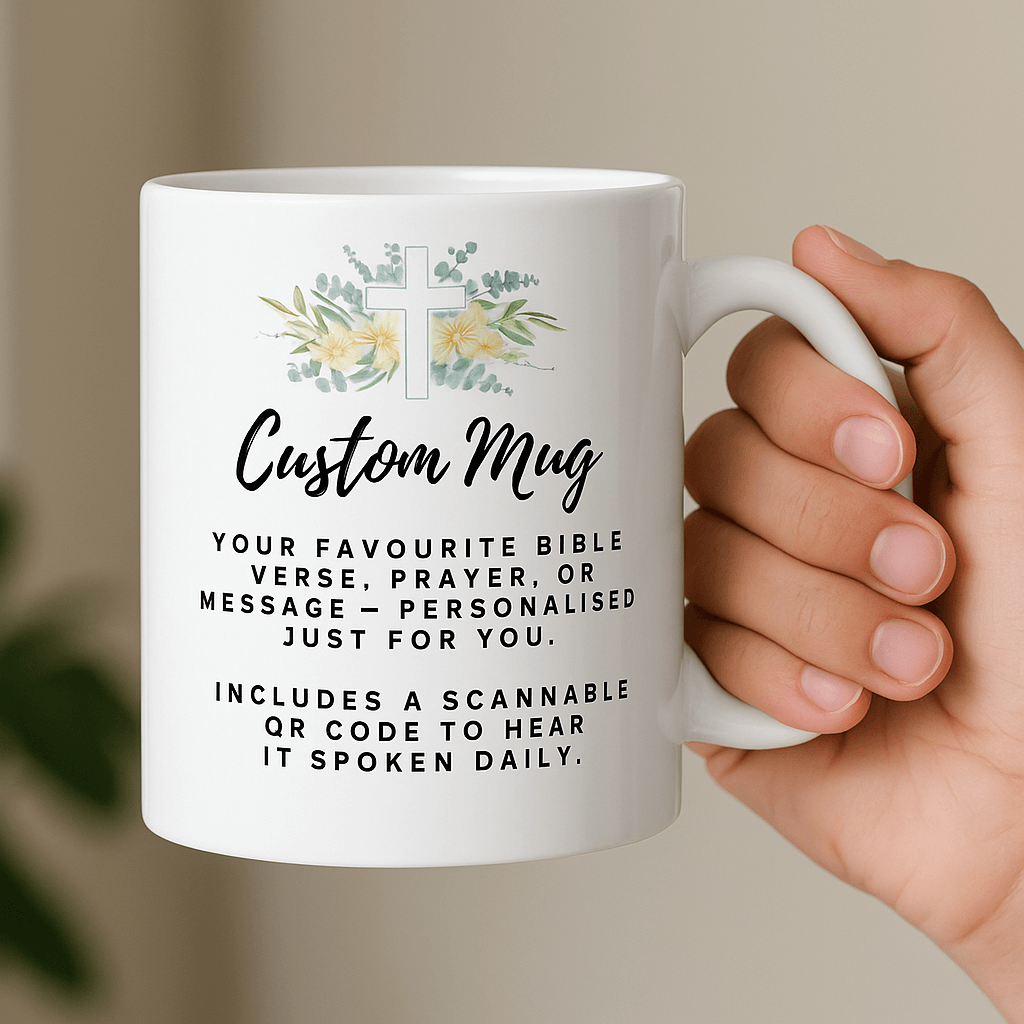 Custom prayer mug with personalized Bible verse and devotion — Christian faith gift by Christ in Coffee