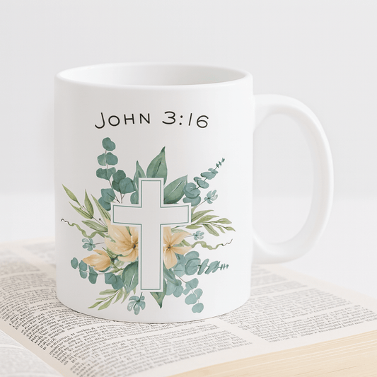 ✝️ John 3:16 Bible Verse Mug –Christian Gift with Devotional QR Code